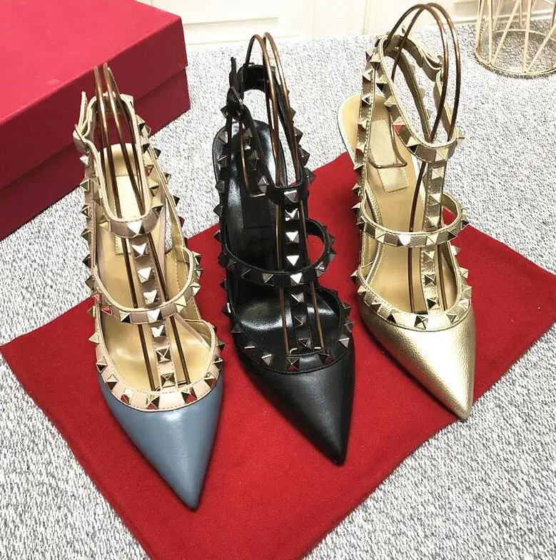 

Luxury Women Rivets Sandals High Heel Pointed Toe Real Leather Shoes V Brand Logo 6cm 8cm 10cm Thin Heel Wedding Shoes Dust Bag