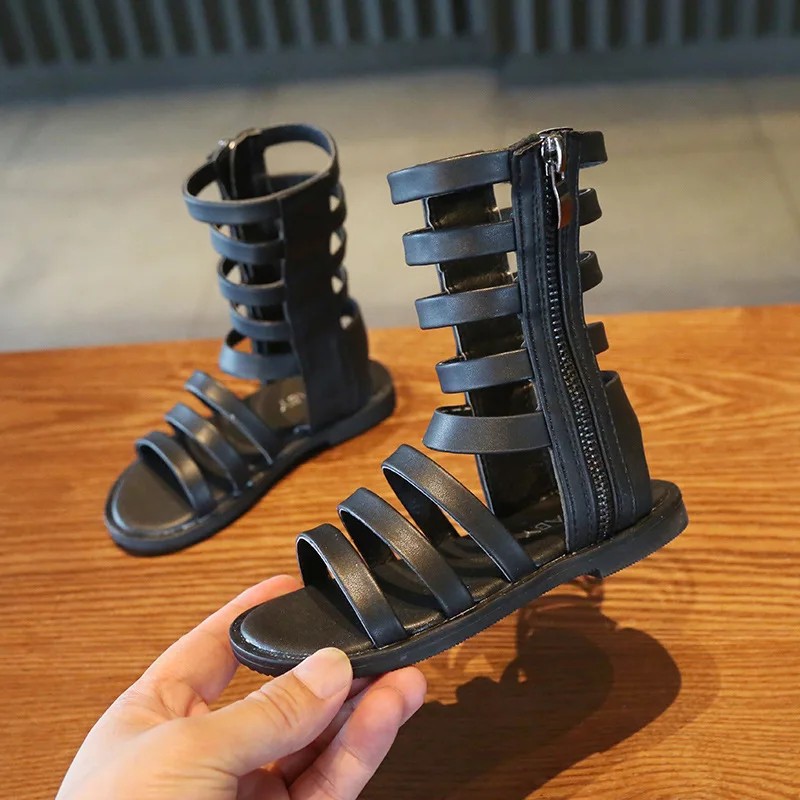 Летние открытые римские сандалии для девочек дышащие высокие с открытым носком