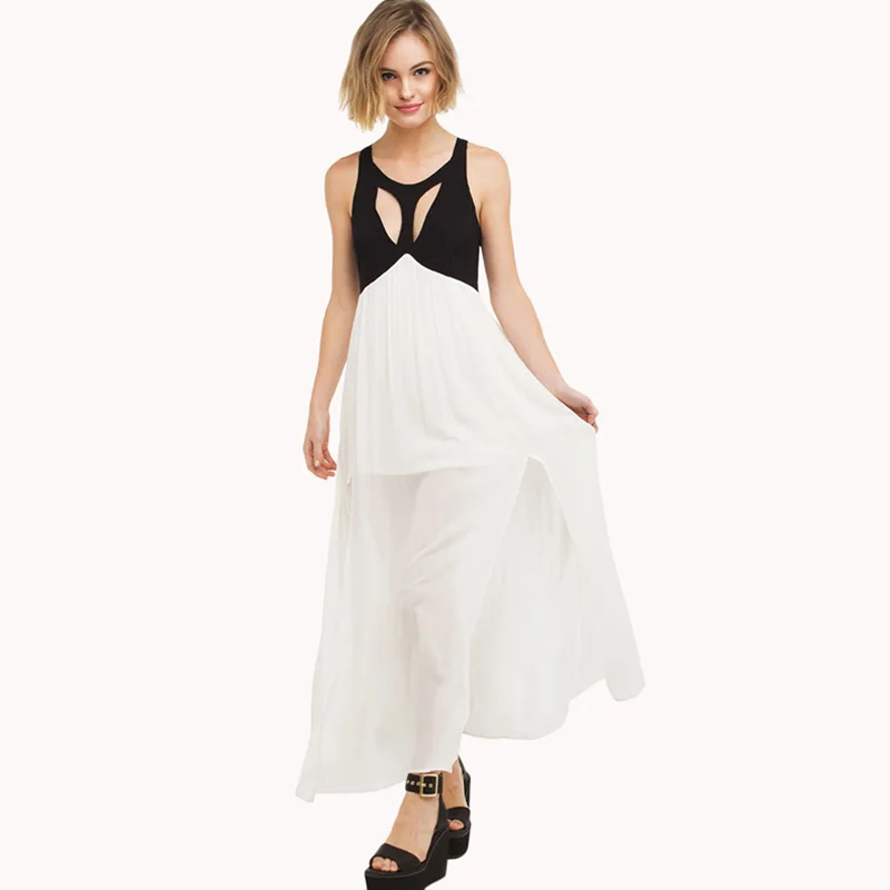 

New Women's Fashion Contrast Cut Out Back Strap Slit Dress