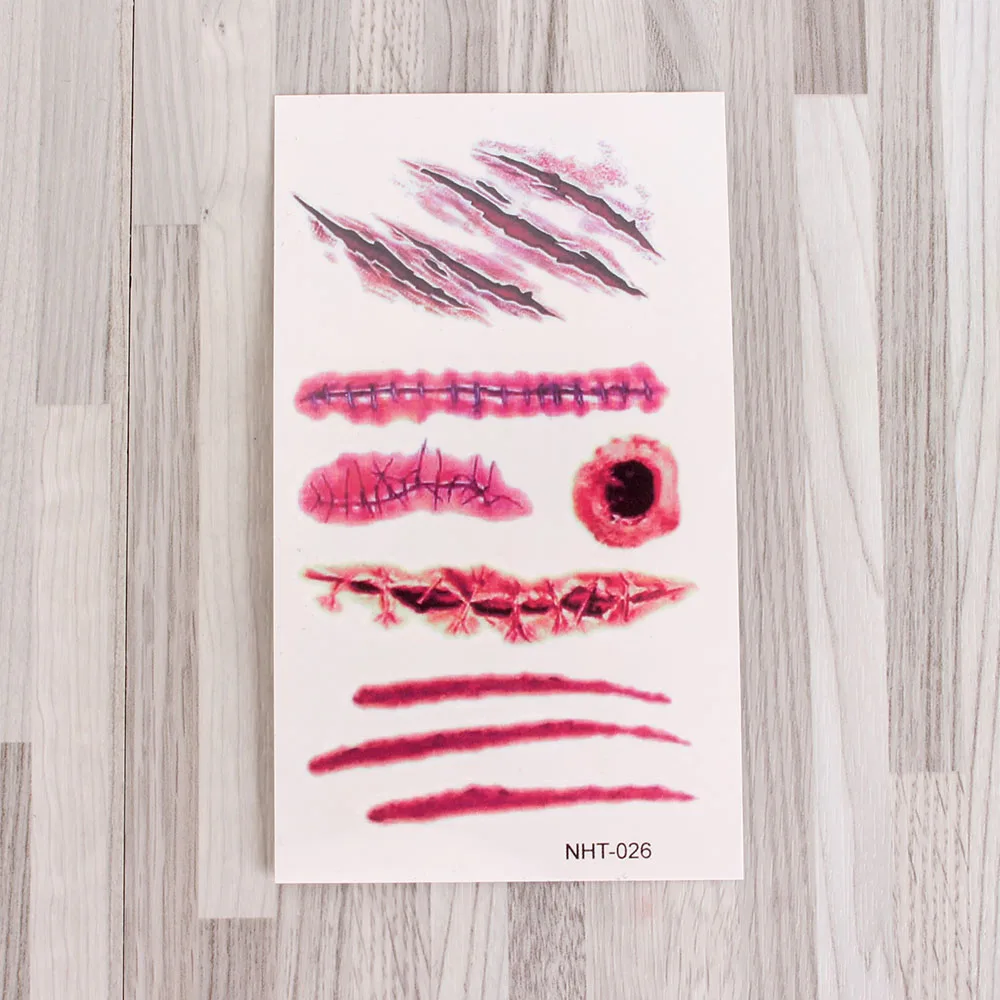 Временные мужские татуировки на Хэллоуин "Зомби шрамы" - подделка, имитирующая кровавое покрытие, декорирование ран и страшных травм. Новинка.