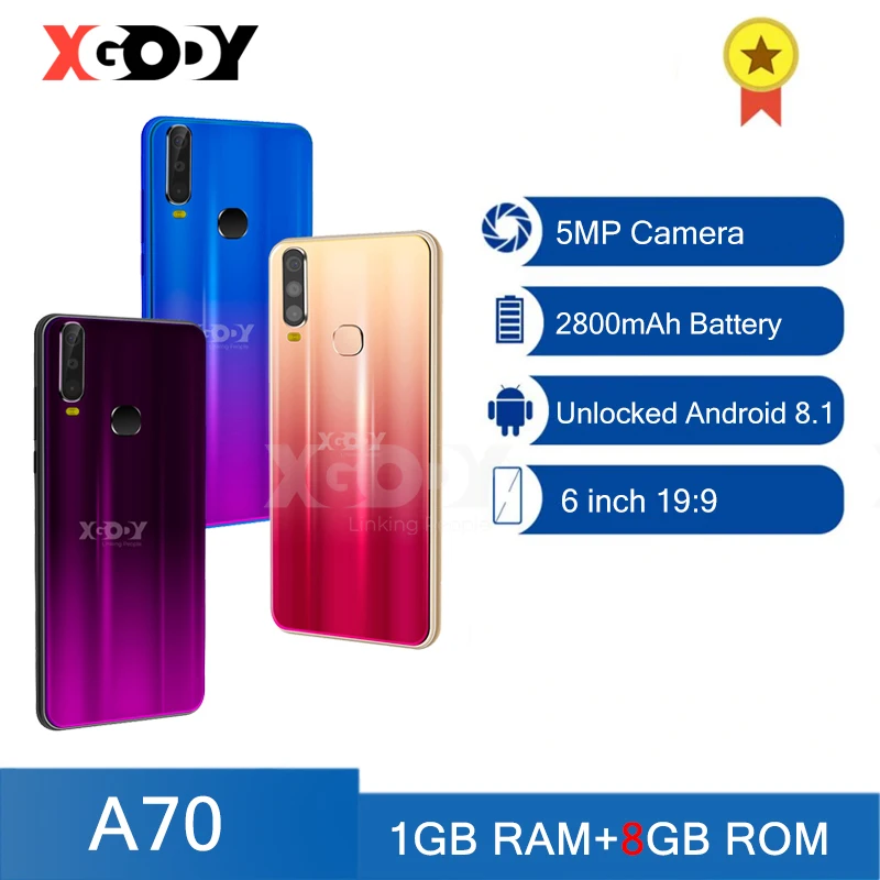 

XGODY A70 3G Smartphone 1GB 8GB Mobile phones Unlock Android 6 inch Quad Core Dual SIM GPS WiFI 5MP Camera 2020 New Cellphone