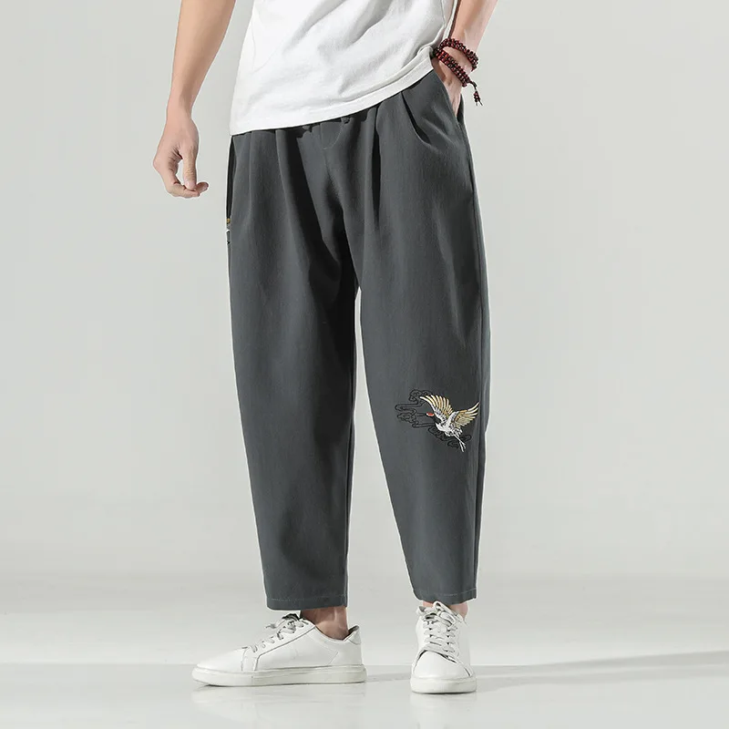 

Брюки мужские льняные в китайском стиле, тонкие свободные леггинсы в Корейском стиле, повседневные капри из хлопка и льна