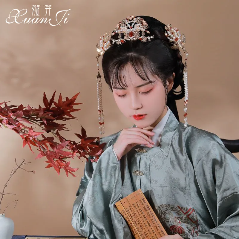 

Girl Ancient style Handmade Ancient Step Shake Kanzashi Hanfu Accessories Pearl Hair Crown Top Hairpin Full Set Headdress