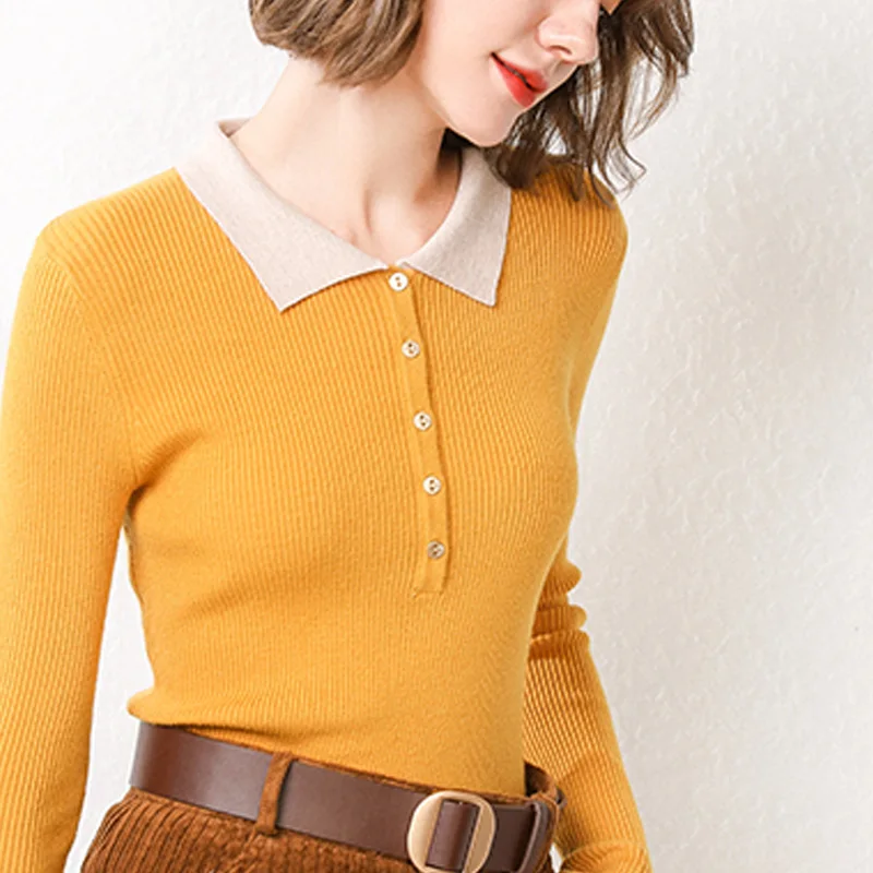 Женский короткий свитер-поло вязаный сексуальный кашемировый свитер с пряжкой
