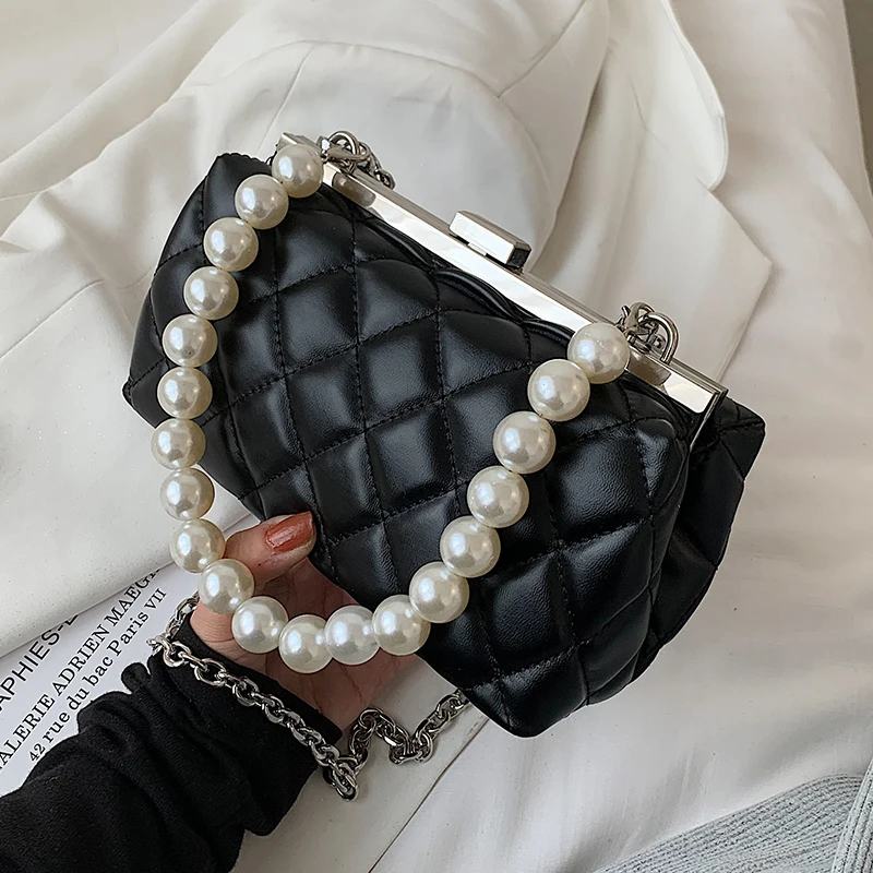 

Pearl Beading Lingge PU Leather Crossbody Bags for Women 2021 Summer Fashion Branded Shoulder Handbag Lady Trending Clutch