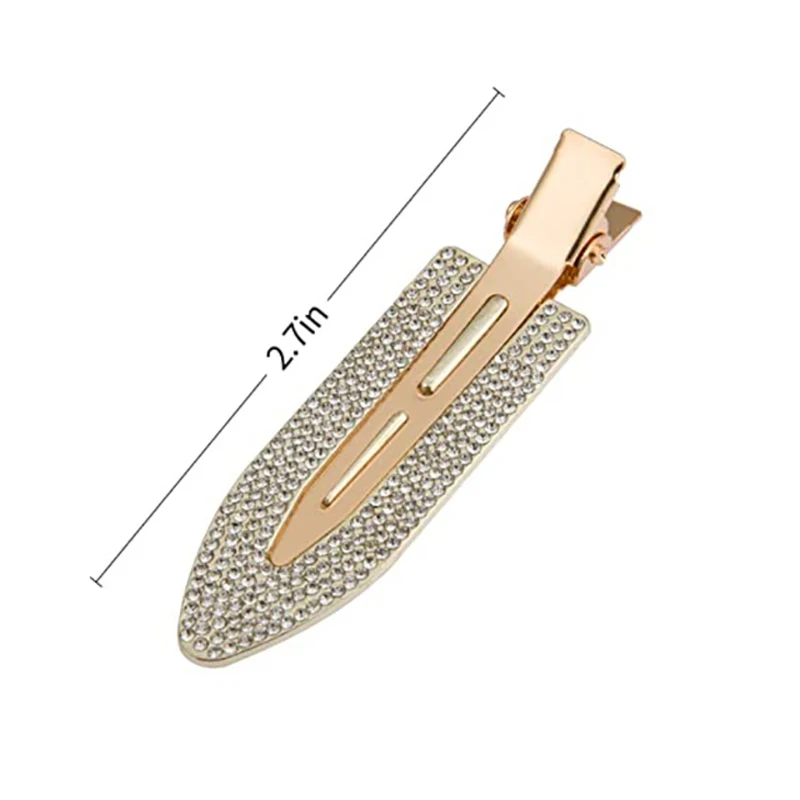 Металлическая заколка без швов с бриллиантами для волос женская с камнями по бокам и фиксацией для стилистов в виде листа.