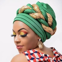 women headtie gele shinning sequins turban cap african women head wrap cap auto gele nigerian turban gele latest hot selling