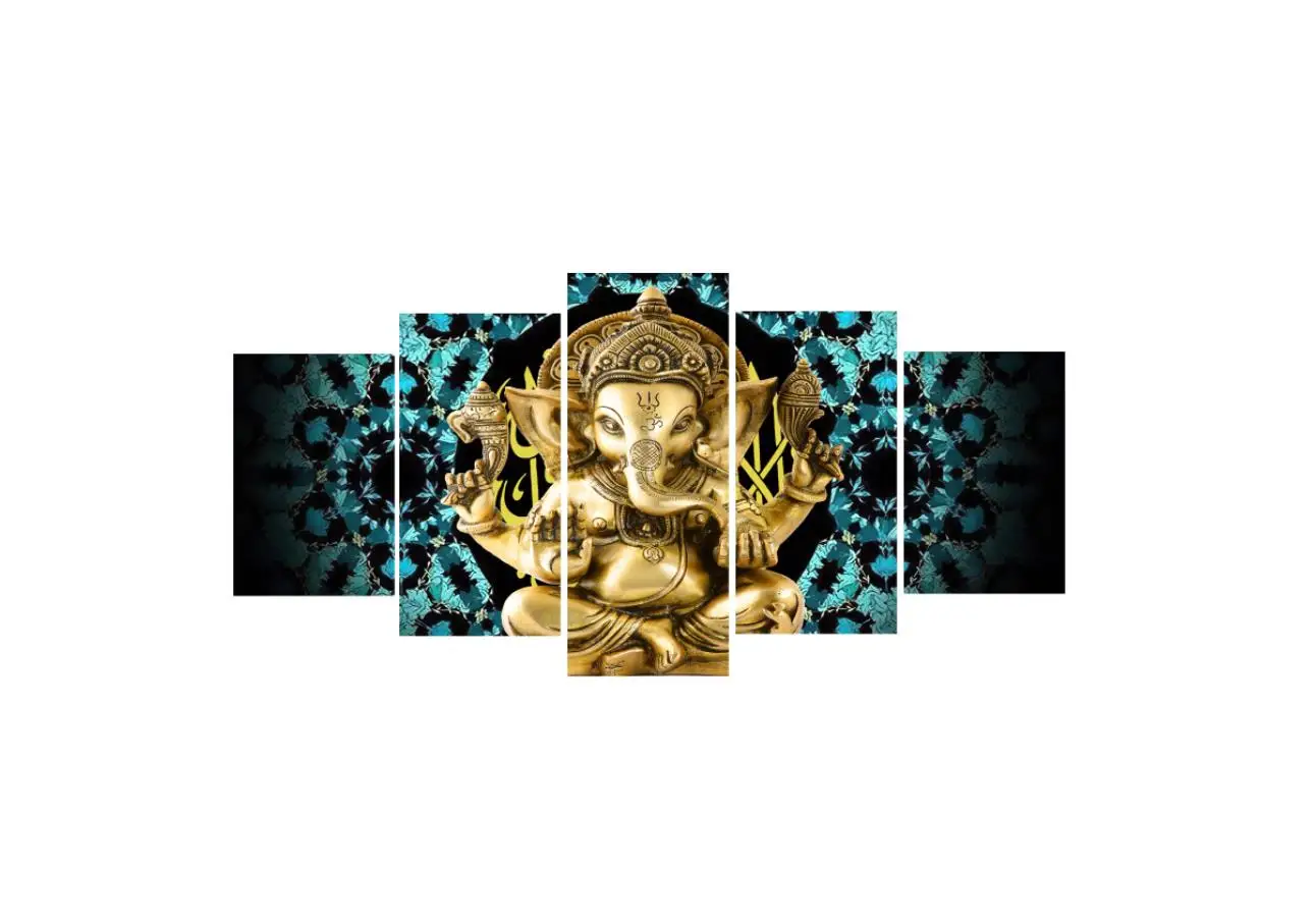 

5 Panel Wall Art Canvas Painting Gold Elephant God Style Pictures Lord Abstract Flower Modern Wall Decoration For Living Room