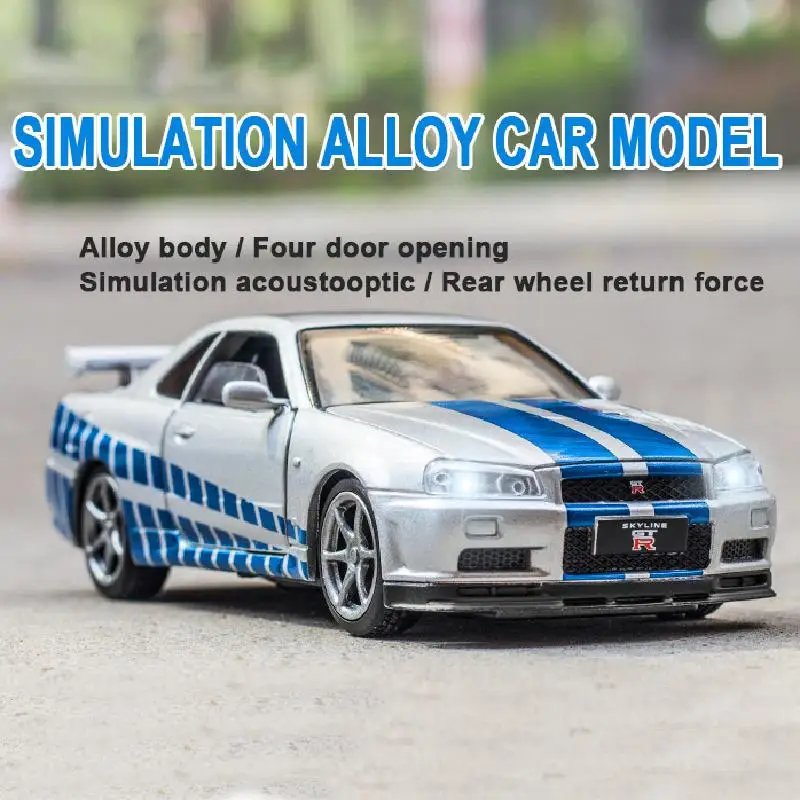 Модель литая автомобиля Nissan Skyline GTR R34 в масштабе 1:32 модель из сплава креативное
