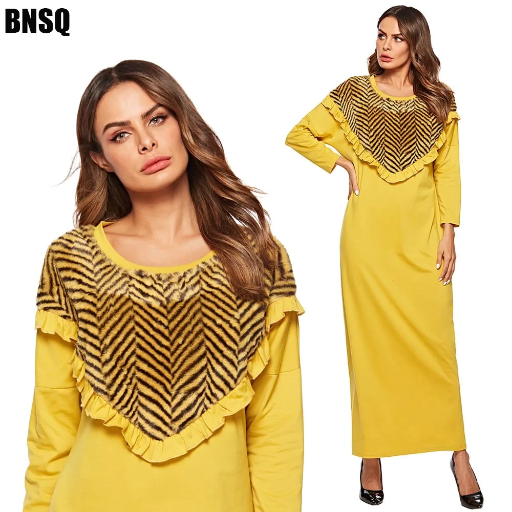 BNSQ Средний Восток абайя платье Желтый вязать сшивание Поддельные Плюшевые