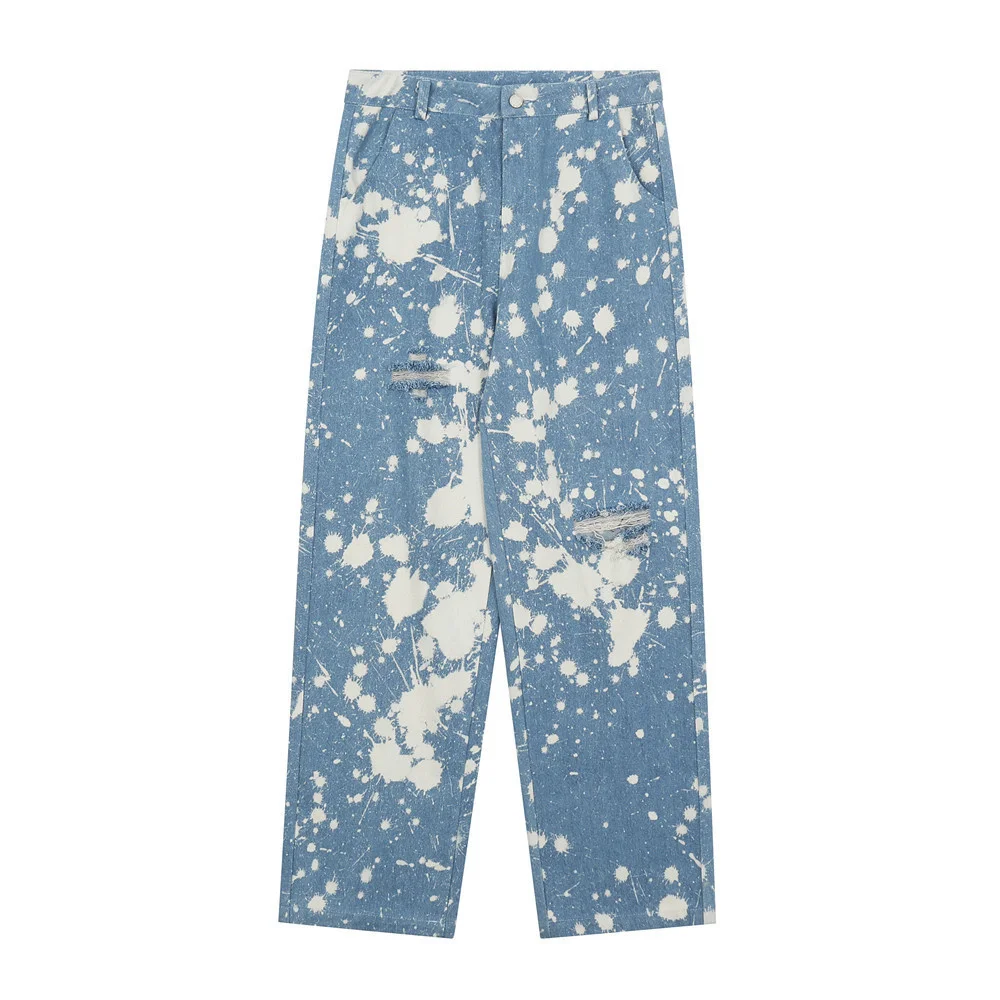 

2021 New Speckled print perforated jeans men's loose straight pants Street trend casual