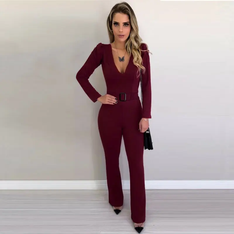 

Women Autumn V Neck Casual Jumpsuit Loose Wide Leg Pants Suit