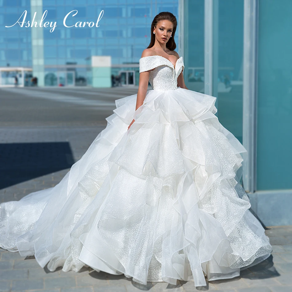 

Бальное платье Эшли Карол, свадебное платье, 2022, с открытыми плечами, блестящее вышитое бисером фатиновое милое платье принцессы, свадебное платье, Vestido De Noiva