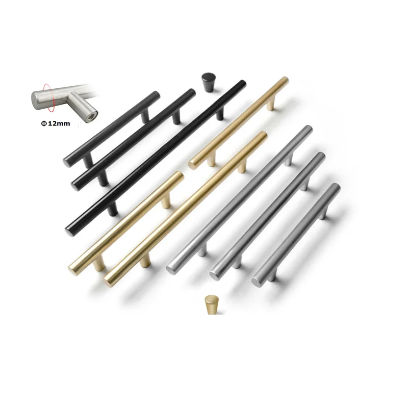 

12mm Caliber Knobs Modern Black Gold Straight Cupboard Handles Knobs Stainless Steel Brushed Black Gold Kitchen Door Handles