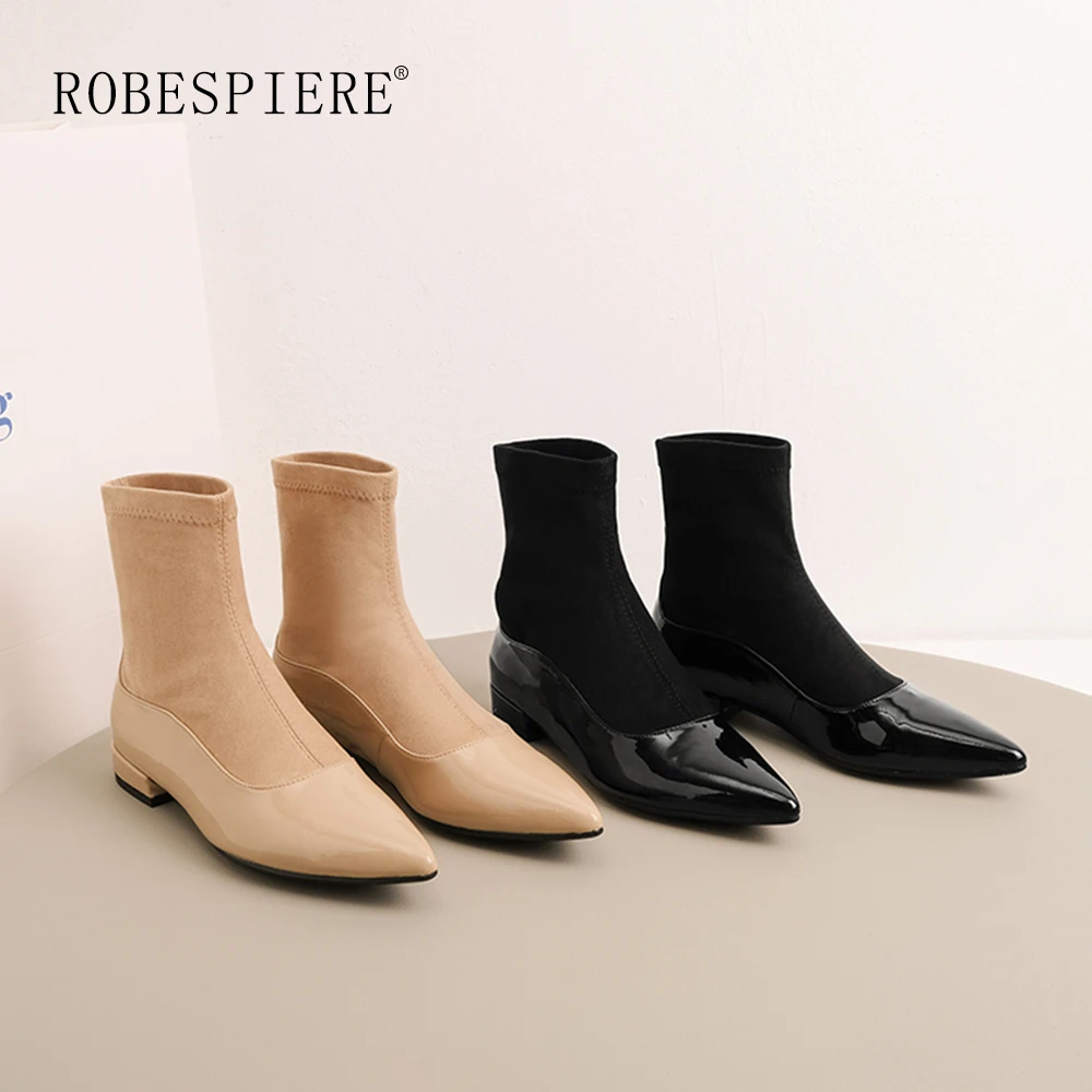 Beste ROBESPIERE 2019 Winter Laarzen Voor Vrouwen Sexy Puntschoen Lakschoenen Meisjes Slip Op Lage Hak Warm Pluche Enkel Laarzen B119