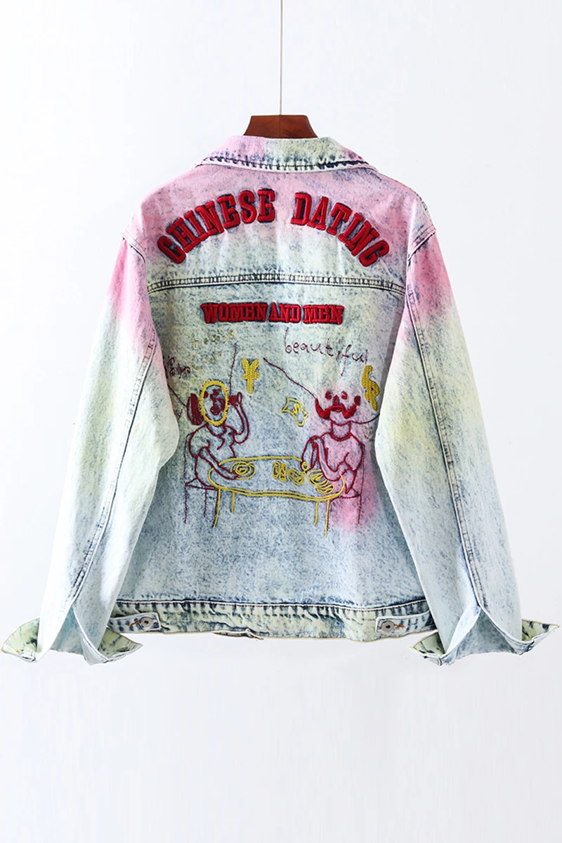 

Denim jacket women's jacket trendy spring and autumn casual color personality washed short embroidered tie-dye jacket jacket
