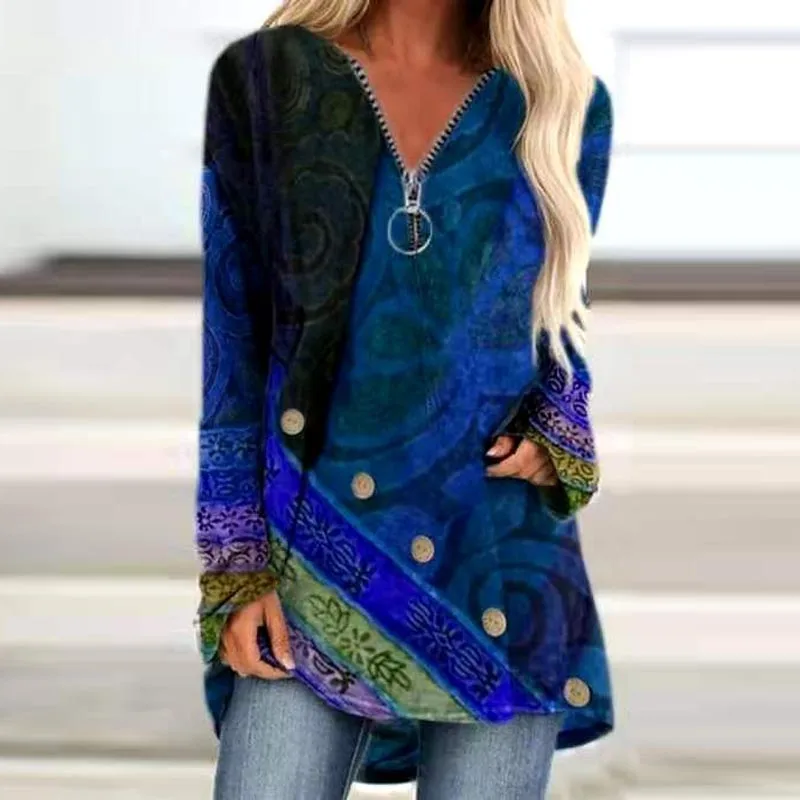 

Women's Abstract Cat Face Print T-Shirt Long-Sleeved Loose Casual Spring Autumn Loose Lady V-Neck Top Zipper Pullover Plus Size