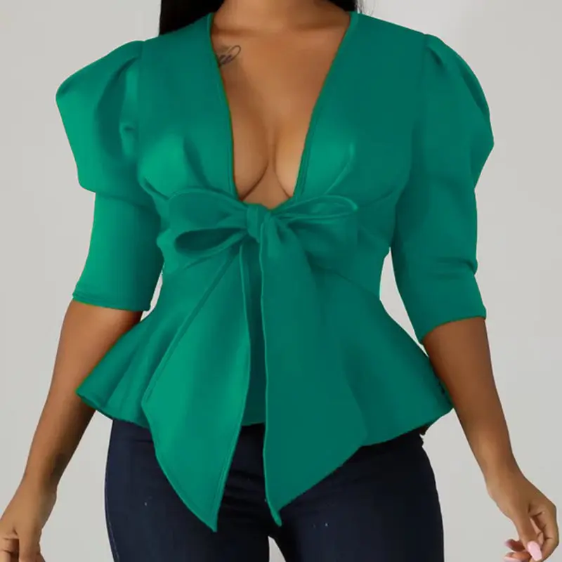 Блузка женская с V образным вырезом пикантный топ пышными рукавами баской бантом