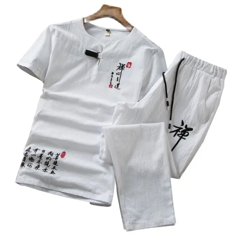 Для мужчин с короткими рукавами вышивкой футболка и брюки на завязке Летние для