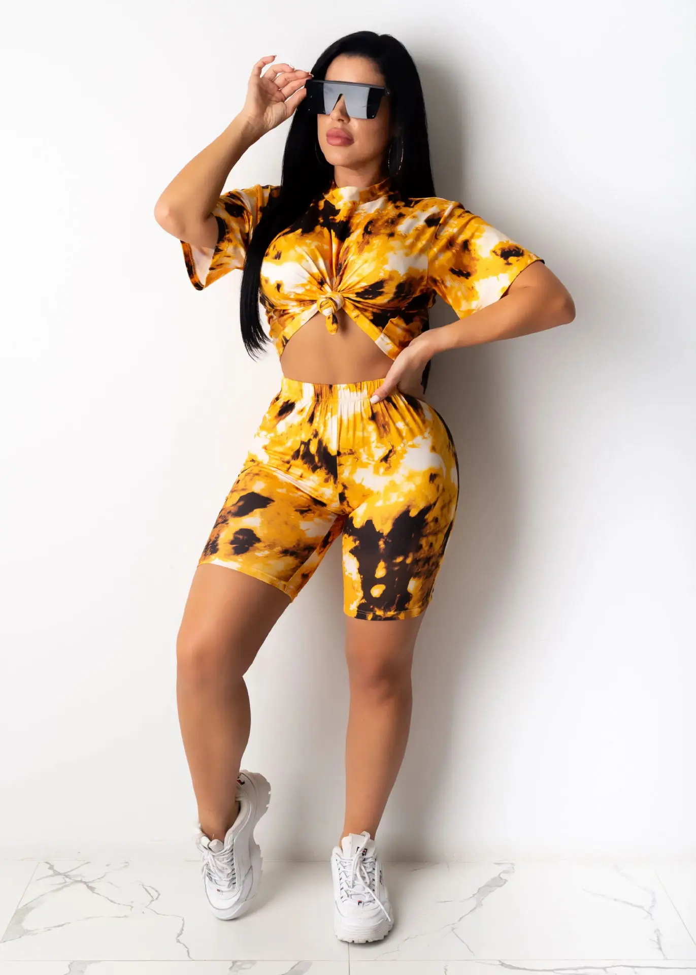 Женский летний костюм из двух предметов с принтом рубашка коротким рукавом и