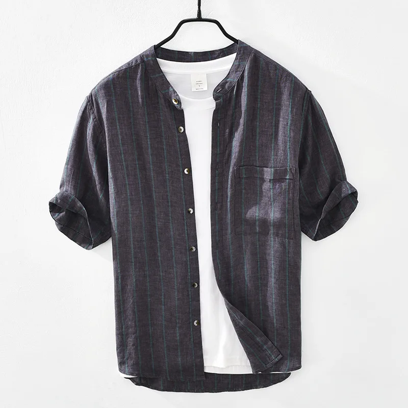 

3012 Men Vertical Striped Shirts Healthy Linen Youth Breathable Pocket Short Sleeve Slim Fit Stand Collar Classical Casual Tops