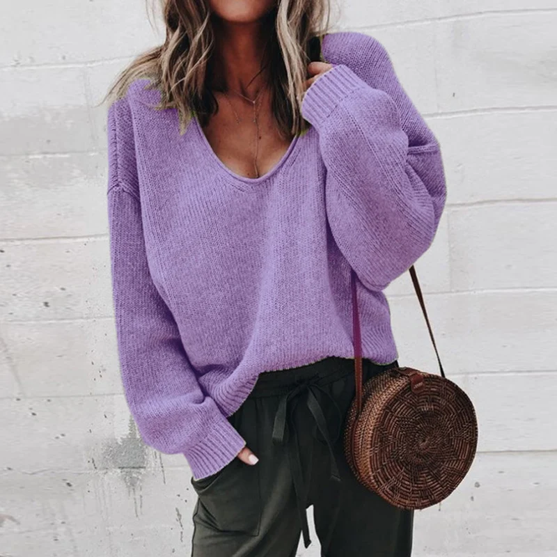 

Winter Women's Sweaters Casual V-neck Pullover Jumpers Long Sleeve Sweater Losse Knitted Sweaters 2021 New Solid Patchwork Pull