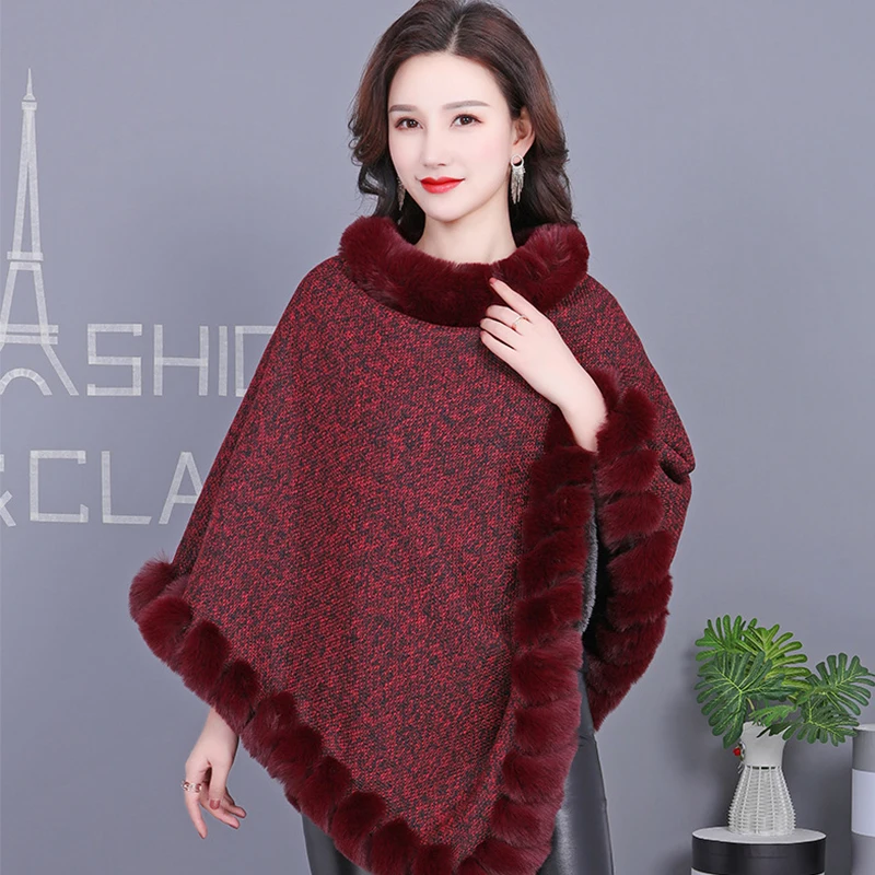 

Winter Warm Women Faux Fur Shawl Fake Rabbit Fur Knitted Female Cape Poncho Scarf New Fashion Office Lady Coat Jacket