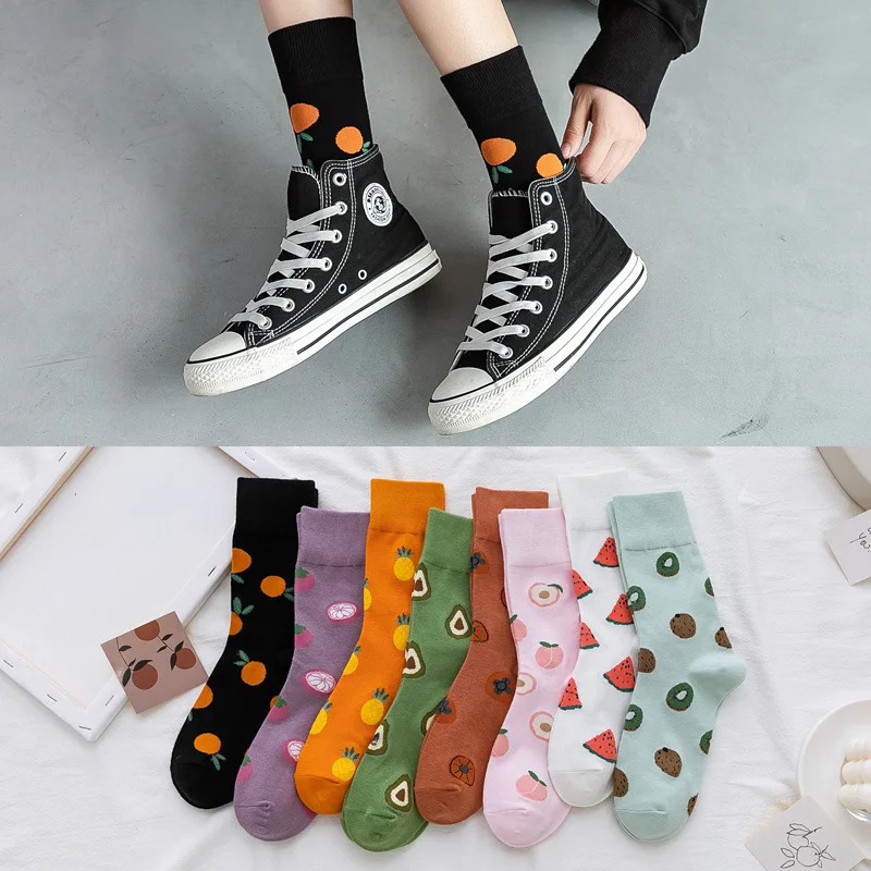 10 pieces = 5 pairs Women's Cotton Socks New Style for Autumn and Winter Fashion Trend Avocado Mangosteen Pineapple Socks women