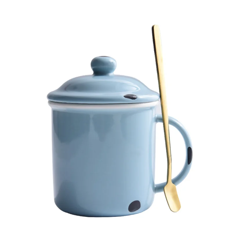 Кружка с имитацией эмали бытовая керамическая кружка крышкой и ложкой Офисная