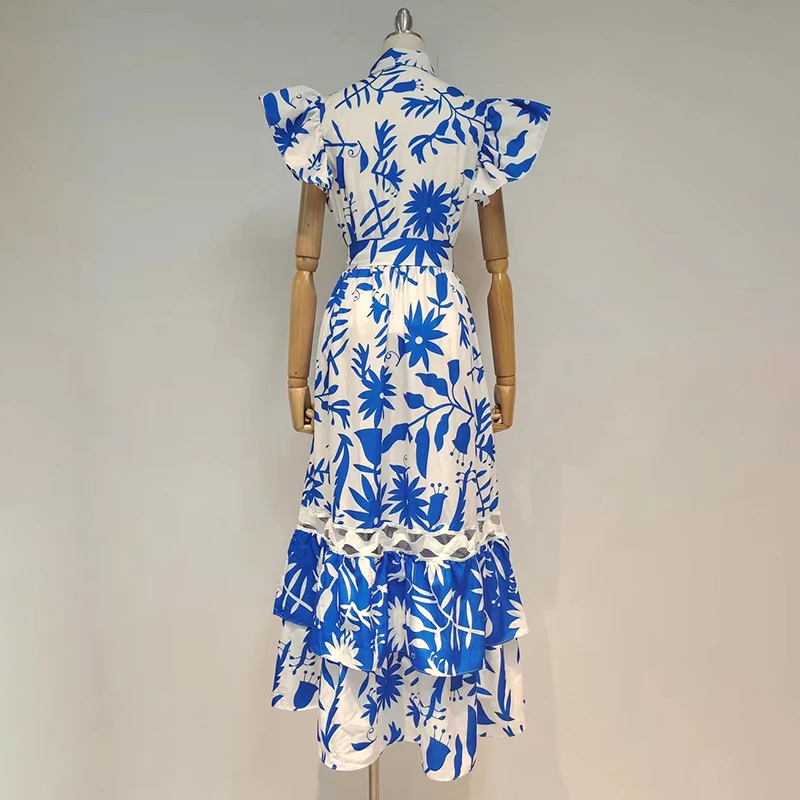 

Bowknot Print Vintage Dress For Women Stand Collar Flying Sleeve High Waist Hit Color Mid Dresses Female Summer New
