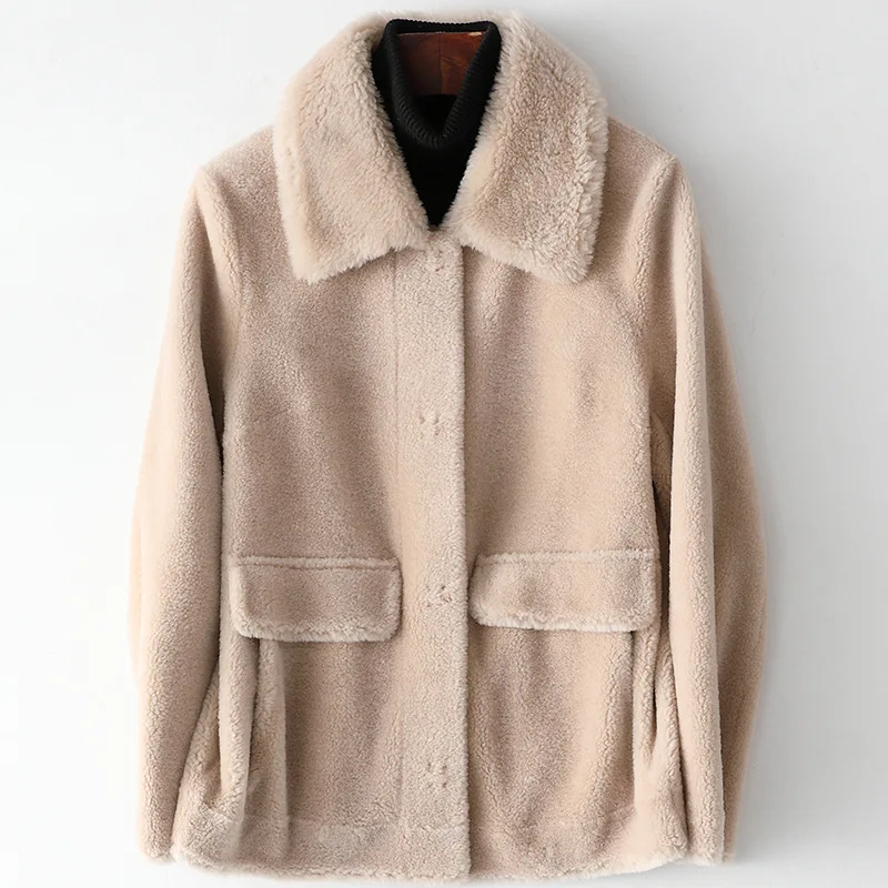 

New style Wool Coats Short Women Turn-down collar Pockets Single Breasted Beige Long Sleeves Wine Red Winter Warm Jacket Outwear
