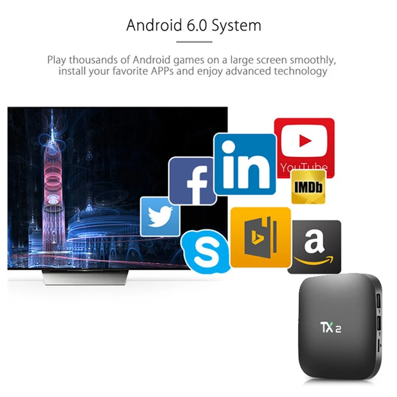 TX2 2GB+ 16GB Rockchip RK3229 Android 6,0 ТВ-приемник с WiFi медиаплеером US Plug