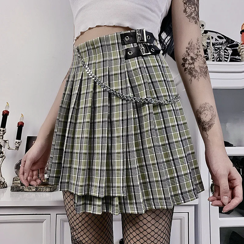 

High Waist Plaid Irregular Prep Style A Line Pleated Mini Skirt With Chain Women Vintage Party Club Gothic Bodycon Skirt