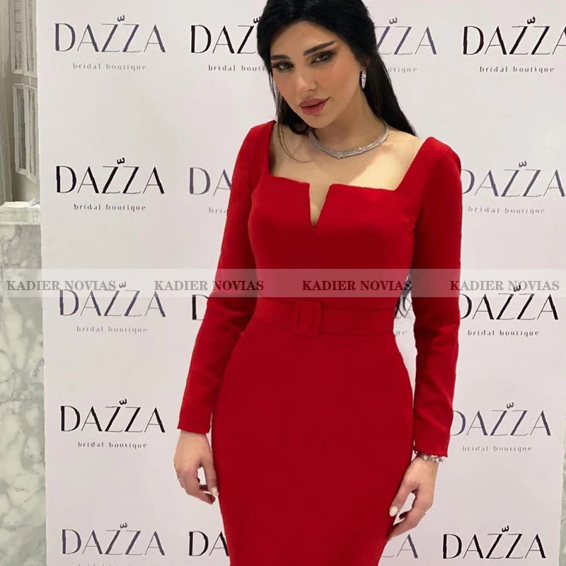 

Kadier Novias Long Sleeves Mermaid Burgundy Wine Red Satin Evening Dress 2021 with Belt Robe Soiree Femme Vestidos Formales