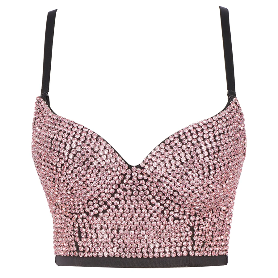 

New 2021 Rhinestone Sexy Top Nightclub Shines Female Crop Top Women Off Shoulder Camis Tops With Built In Bra Push Up Bralette