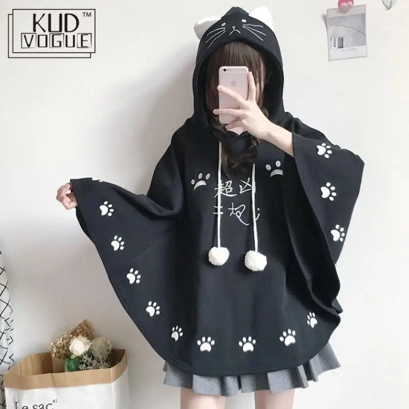 Толстовки для девочек в Стиле Лолита Harajuku плащ для женщин Kawaii кошачьи ушки Толстовка Осень Зима японский милый лапы Топ флис Свободные толстовки