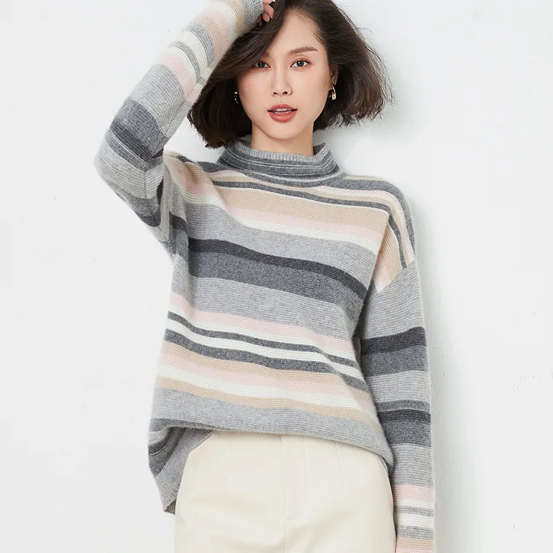 Женский шерстяной свитер в полоску теплый пуловер из натуральной шерсти с