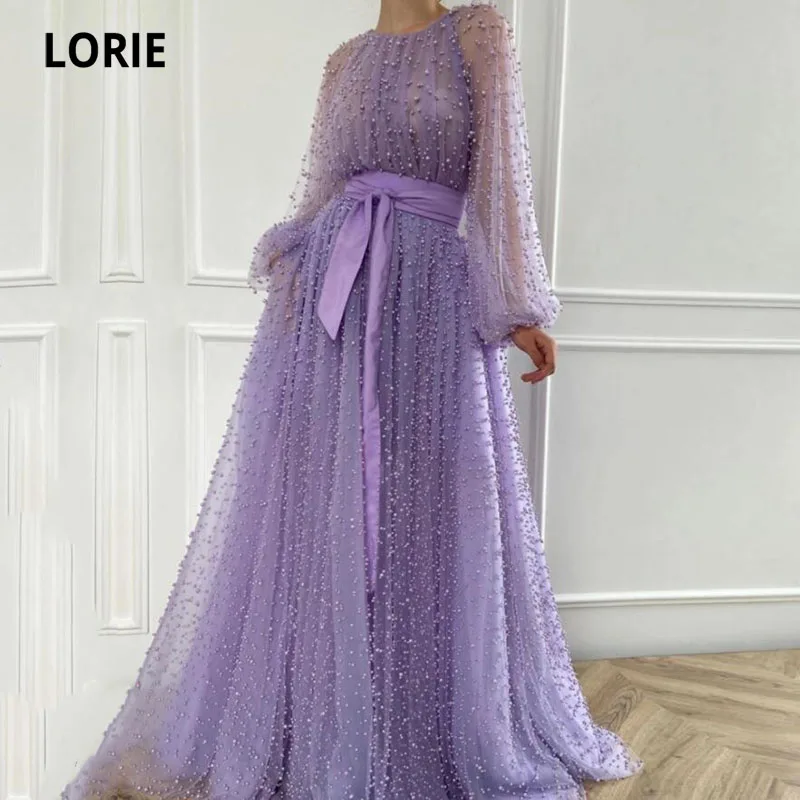 Lorie luxo dairy prom vestido o neck frisado com pérolas puff mangas roxo vestido de festa para formatura celebridade robe fete femme (0)