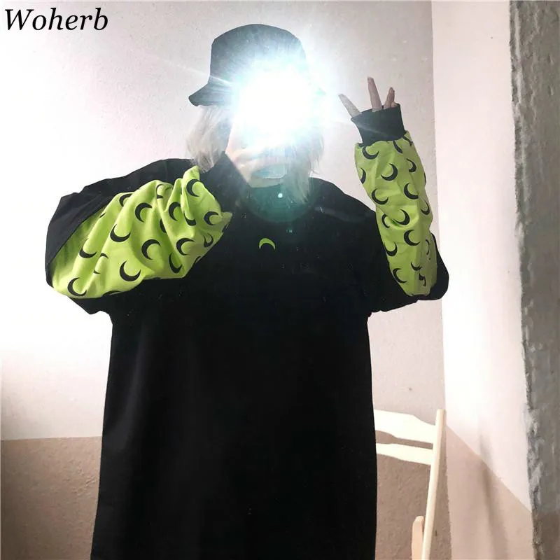 Woherb Fake two pieces Толстовка с принтом Луны из кусков длинным рукавом женские