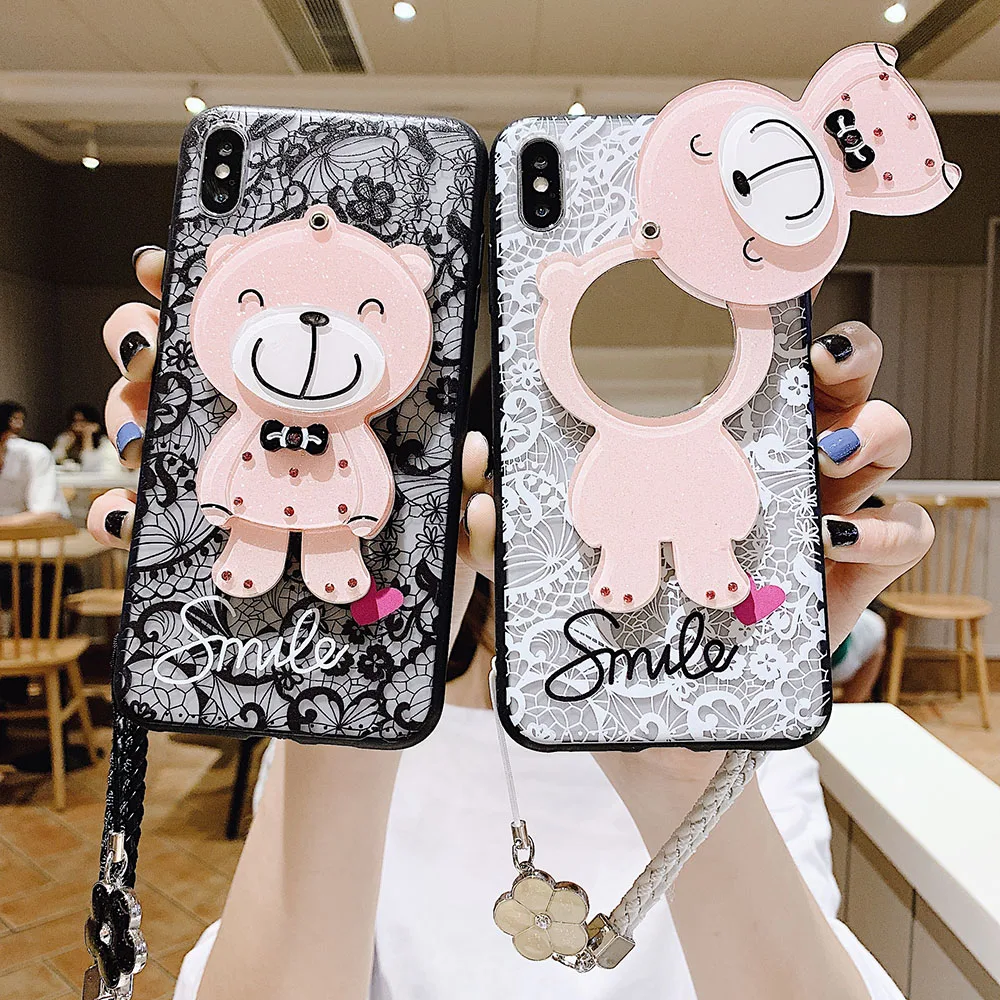 Mirror Smile Bear Lace Phone Case for Samsung GALAXY A01 A21 A10 A10S A11 A20E A10E A20 A30 M01 M10S M11 Hand Strap Soft Cover
