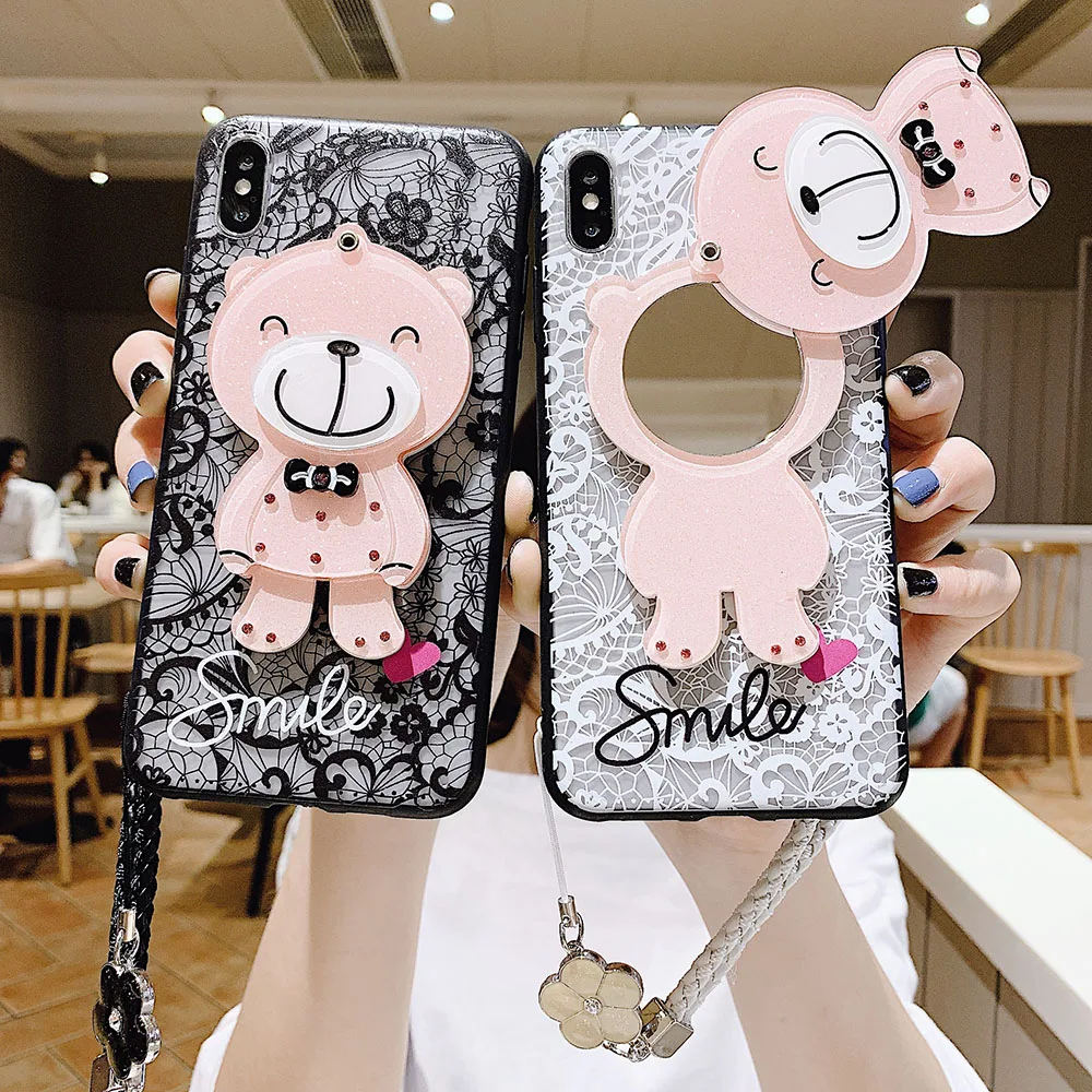 Зеркальный кружевной чехол с медведем для OPPO A9 A31 A33 A37 A5 A3S A52 A92 A57 A39 A7 A5S A12E A71 A77 A79 F5