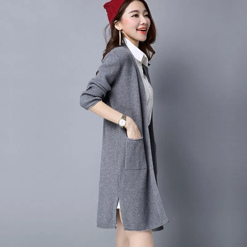 Корейский Свободный трикотажный свитер пальто длинный кардиган женская зимняя