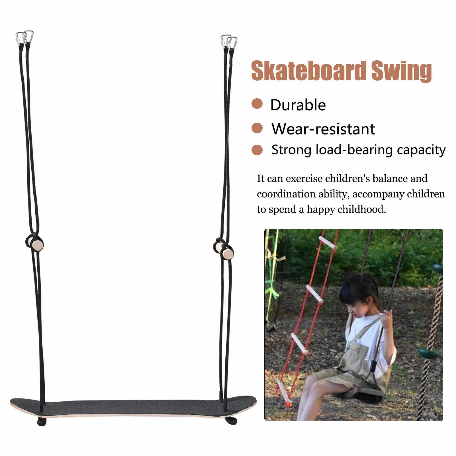 

Skateboard Swing Maple Wood Standing Swing Non-Slip with Adjustable Handles Load up to 330lb for Kids Outdoor Game