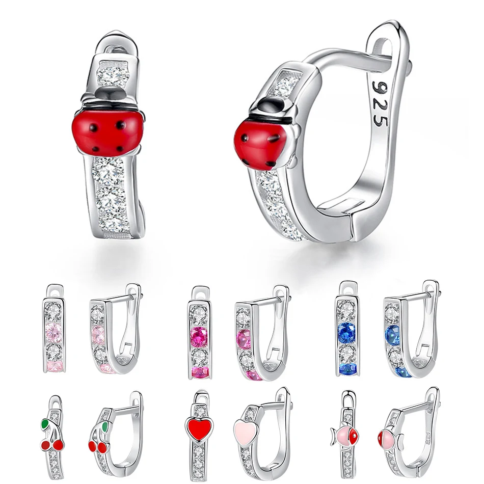 Чистое Серебро 925 пробы серьги прозрачный CZ Кристалл эмалевая божья коровка