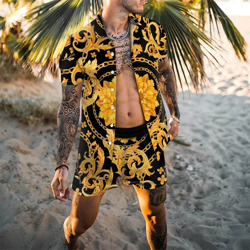 

Men Hawaiian Sets Printing 2021 Summer Harajuku Short Sleeve Button Shirt Beach Shorts Streetwear Casual Mens Suit 2 Pieces