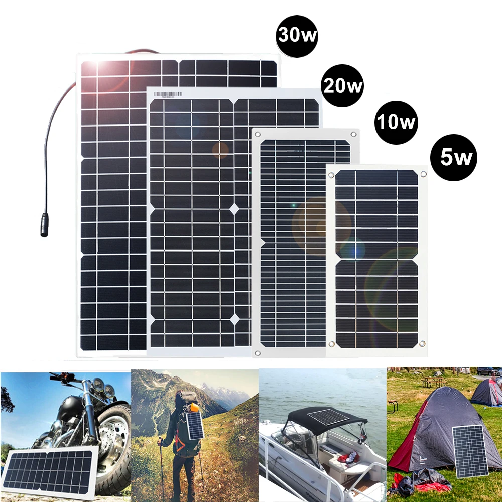 30W 20W 10W 5W Solar Panel 12V Monocrystalline 5V USB Power Bank Portable Solar Cell Phone Charger Outdoor Camping Hiking Travel