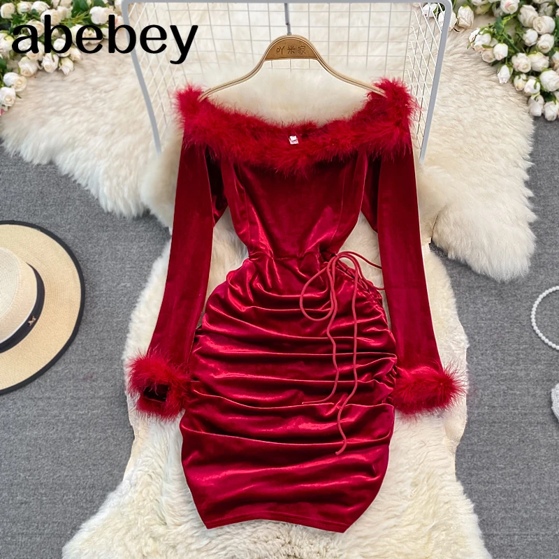 

Женское платье с вырезом лодочкой, корейский стиль, весенне-осеннее велюровое платье с длинным рукавом, короткое платье с запахом и высокой ...