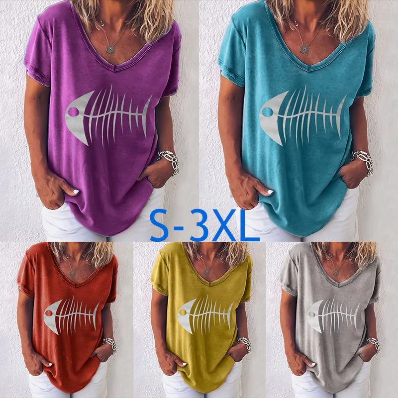 Повседневная Свободная летняя футболка с принтом рыбки v-образным вырезом