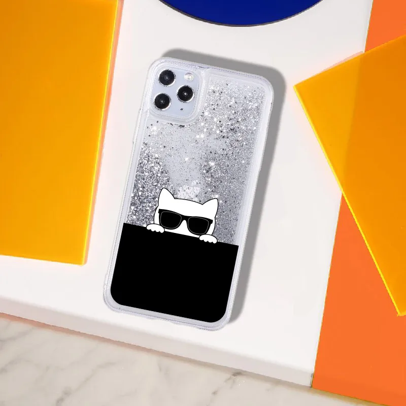 

Cute Cat Sunglasses Cartoon Sparkle Liquid Real Glitter Phone Case Fundas Cover for iPhone 11 X XS XR Max Pro 7 8 7Plus 8Plus 6