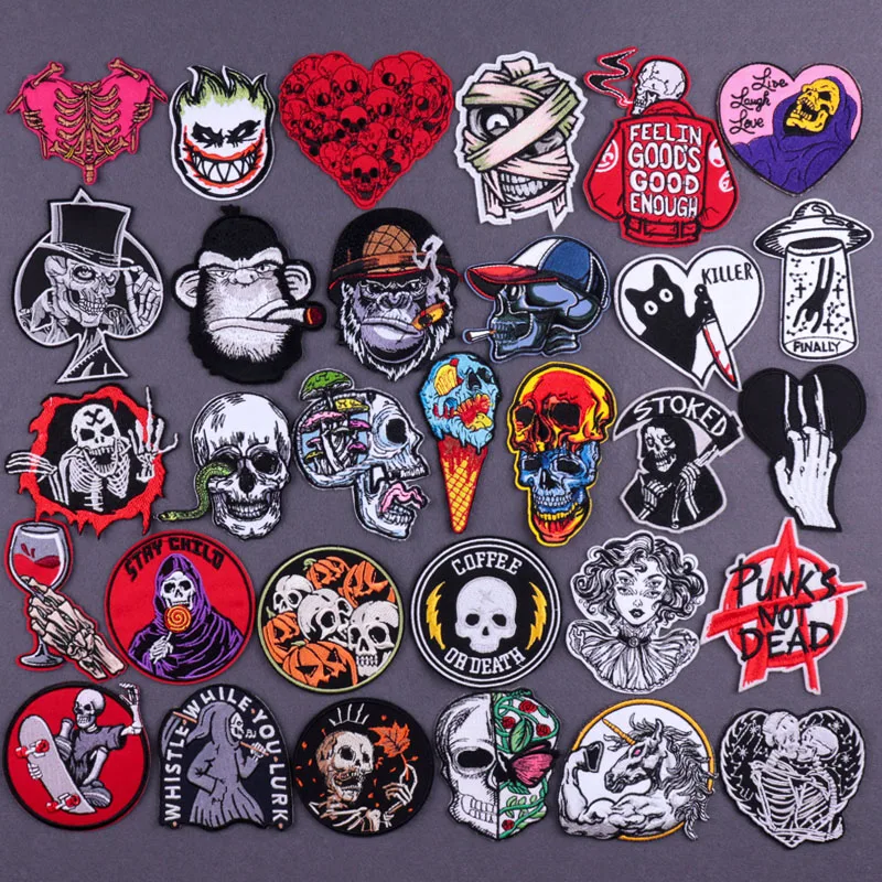 

Punk Patch Skull Embroidered Patches For Clothing Grim Reaper Badge Clothing Sticker Applique Stripes Animals Patches On Clothes